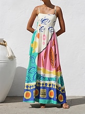 ieftine proiectează rochii din bumbac și in-Pentru femei Rochie Lunga Rochie Maxi Rochii de in bumbac Rochie casual Rochie Slip Modă În aer liber Petrecere Concediu Fit regulat Bloc Culoare Fără manșon Bretele Spagheti Albastru piscină Vară