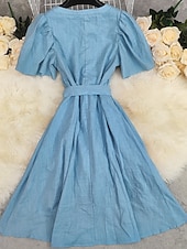 abordables Robes Bohémiennes-Femmes Mini Robe Robe en coton et lin Robe bohème Robe occidentale Mode Moderne Vacances Fête Week-end Coupe régulière Uni Manche Courte Col en V Bleu Été