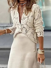 cheap Lace Tops-Women's Shirt Blouse Lace Plain Casual Long Sleeve Crew Neck Regular Tops Daily Going out White Summer
