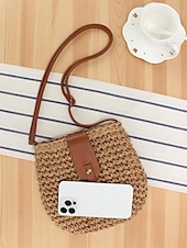 tanie Torby na ramię-damska pleciona słomiana torba typu crossbody ze skórzanym paskiem - szykowna torebka w stylu boho na lato, plażę i niezobowiązujące wyjścia