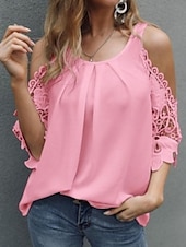 voordelige Kant Tops-Dames blouse kant splice top effen kleur elegant stijlvol basic 3/4 mouw sleeve band reguliere tops dagelijks kant patchwork zwart wit roze rood zomer