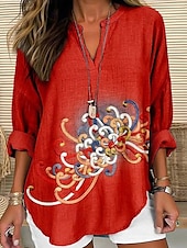voordelige Vrouwen vakantie tops-Dames Overhemd Bloem Dagelijks Stijlvol Basic Lange mouw V-hals Normale tops Dagelijks Feestdagen Afdrukken Zwart Wit Rood Lente Herfst