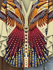 tanie Damskie topy boho-Damska koszula retro z warstwowym rękawem w falbanki vintage z graficznym wzorem geometrycznym abstrakcyjnym bohemia vintage codzienna z rękawem 3/4 półrękawem dekoltem w serek regularna na co dzień