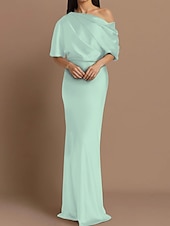preiswerte GRÜN-Etui Kleid Mutter der Braut Hochzeitsgast Formelles Abendkleid Elegante Party Schulterfrei Zug-Länge Satin Halbelängliche Ärmel mit Raffung.