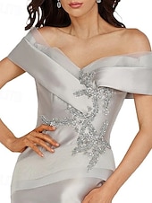 preiswerte WEISS-Meerjungfrau  Trompete Abendkleid Elegantes Kleid Formelle Hochzeit Bodenlang Ärmellos Offene Schulter Satin mit Perlen