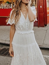 cheap White Lace Dresses-Women&#039;s Maxi long Dress White Dress Lace Dress Holiday Dress Swing Dress Elegant Romantic Boho Vacation Holiday Date Regular Fit Pure Color Short Sleeve V Neck White Summer Spring