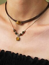 abordables Collier pour femme-Ensemble de colliers et pendentifs en pierre œil de tigre double couche de style bohème pour femmes, matériau en pierre naturelle, adapté aux tenues décontractées, quotidiennes et de fête