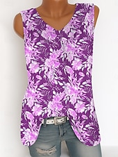 abordables Débardeur Floral-Femmes Débardeur caraco Fleuri Graphique ancien Tropical Élégant Sans manches Col en V Hauts Longs Quotidien Imprimé Jaune bleu marine Violet Vert Été Printemps