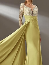 preiswerte GELB-gelbes Kleid Meerjungfrau / Trompete Abendkleid elegantes Kleid formelle Hochzeit Sweep / Pinsel Schleppe lange Ärmel V-Ausschnitt Chiffon gerüschte Details mit Perlen Stickerei Applikation 2025