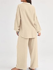 abordables Ensembles-Femmes Actif Mode Chemises en coton et lin Ensembles en coton et lin Chemisier manche longue Col de chemise Couleur Unie Dubbele Rij Knopen Fête Décontracté Quotidien Noir Ivoire Vin Été Coupe