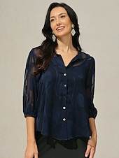 economico Top eleganti-camicetta da donna con bottoni e canotta floreale elegante vintage alla moda mezza manica scollo a V top normali lavoro vacanza per uscire bottoni occhiello blu navy estate primavera autunno