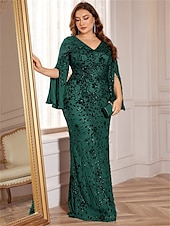 economico VERDE-Abiti Plus Size Sirena  Tromba Elegante Abito Curvilineo Formale Matrimonio Lunghezza Piena a Manica Lunga con Scollatura a V in Paillettes con Paillettes