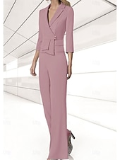 abordables Costumes-pantalons pour maman-Ensemble pantalon 2 pièces mère de la mariée invité de mariage élégant encolure en V longueur de sol chiffon extensible manches 3/4 wrap inclus avec boutons 2025 taille personnalisée gratuite