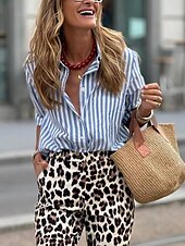 economico Top a Righe e Geometrici per Donne-Camicia da donna grafica a righe stilosa moderna casual maniche lunghe colletto tops regolari quotidiano ferie uscita patchwork bottoni stampa simile al lino blu estate primavera