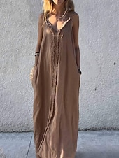 levne designové bavlněné a lněné šaty-Dámské Dlouhé šaty Maxi šaty Šaty inspirované plátnem Bavlněné lněné šaty Slip Dress Boho šaty Vinobraní Módní Venkovní Párty Dovolená Běžný Bez vzoru Bez rukávů Do V Hnědá Trávová zelená Světle šed