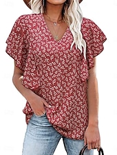abordables T-shirt floral-Femmes T-shirt Fleuri Mode Élégant Moderne Manche Courte Col en V Hauts Réguliers Quotidien Week-end Jaune Rose Claire Rouge Vert Été