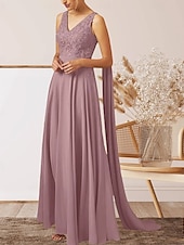 cheap Wedding Guest Dresses-A-Line Wedding Guest Dresses Elegant Dress Wedding Guest Engagement Floor Length Sleeveless V Neck Fall Wedding Guest Chiffon with Appliques