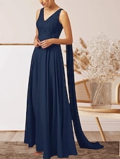 cheap Wedding Guest Dresses-A-Line Wedding Guest Dresses Elegant Dress Wedding Guest Engagement Floor Length Sleeveless V Neck Fall Wedding Guest Chiffon with Appliques