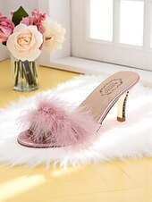 cheap Formal-Women&#039;s Pink Fuzzy Open Toe Wedding Mules with Satin Finish and Kitten Heels, Fluffy Bridal Slippers for Bride Getting Ready, Bachelorette Party or Indoor Reception