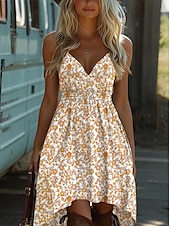 abordables Robes Bohémiennes-Femmes Mini Robe Robe Nuisette Vacances Occasionnel Boho Sortir Plage Coupe Standard Fleuri Graphique Sans manches Col en V Vert Claire Orange Beige Été Printemps