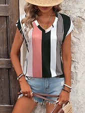 billige Stripe og geometrisk tank topp-Dame Camisole Tank Top Grafisk Stripet Årgang Stilfull Fritid Ermeløs V-hals Vanlige topper Daglig Trykt mønster Rosa Sommer