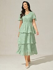 voordelige Feestjurken-Dames Maxi-jurk A lijn jurk Elegant Formeel Flutter mouw Bruiloft gast Cocktailparty Normale pasvorm Effen Korte mouw V-hals Grijs-Groen Zomer