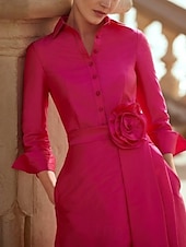 billiga Rosa-A-linje Aftonklänning Elegant Klänning Formell Bröllop Golvlängd 3/4 Längd Ärmar Skjortkrage Ficka Taffeta med Slits
