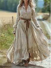 preiswerte Ausgefallene Kleider-Damen Langes Kleid Maxikleid Freizeitkleid Schwingkleid Sommerkleid Boho-Kleid Vintage Urlaub Täglich Ferien Normale Passform Einfarbig Langarm V Ausschnitt Beige Sommer