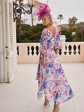 preiswerte Bodenlänge-Blumenkleid Mutter der Braut Kleid Elegant Vintage V-Ausschnitt Asymmetrisch Chiffon 3/4-Länge Ärmel mit Spitzenapplikationen Blumen Renntagskleid Hochzeitsgast Kleid