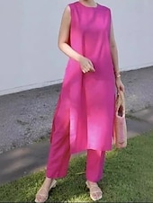 abordables Ensembles-Femmes Mode Streetwear Ensembles en coton et lin Ensembles de Pantalons Manche Courte Col ras du cou Uni Tenue quotidienne Date Rose Claire Bleu Vert Été Coupe régulière