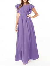 baratos Vestidos para Madrinhas-Vestido de dama de honra em corte A, gola redonda, manga longa, elegante, longo, chiffon com pregas / franzido 2025
