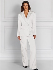 economico Tailleur pantalone della mamma-Tuta a Due Pezzi  Completo Completo per Madre della Sposa Giacca Doppiopetto Elegante Vintage Semplice Collo a V Lunghezza Piedi Satin Stretch Maniche Lunghe con Bottoni Coperti