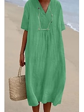 abordables Robes-Femmes Robe Midi Robes en coton et lin Robe en coton et lin Mode Classique Moderne Vacances Quotidien Fête Coupe régulière Uni Manche Courte Col en V Vert Claire Rose Claire Bleu Vert Été
