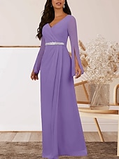 preiswerte Bodenlänge-A-Linie Brautmutterkleid Hochzeitsgast Elegant V Ausschnitt Bodenlang Chiffon Langarm mit Kristalle Raffung 2025
