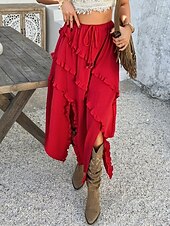 preiswerte Grafische Röcke-Damen Rock A-Linie Mode Lässig Maxi Hohe Taille Röcke Einfach Rüsche Mikroelastisch Urlaub Straße Schwarz Weiß Rote Blau Sommer Polyester