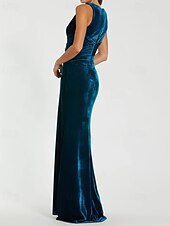 economico BLU-Abito in Velluto Sirena  Tromba Abito da Sera Galà Abito Formale Semi Formale Scollo Profondo Matrimonio Lunghezza Completa Senza Maniche Senza Spalline con Pieghe