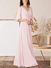 preiswerte Bodenlänge-A-Linie Brautmutterkleid Hochzeitsgast Elegant V Ausschnitt Bodenlang Chiffon Halbarm mit Raffung 2025