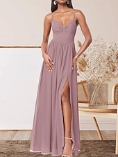 abordables Robes de demoiselle d&#039;honneur-Robe de demoiselle d&#039;honneur trapèze, col en V, sans manches, élégante, longueur au sol, en mousseline extensible avec plis / devant fendu / froncé 2025