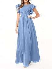baratos Vestidos para Madrinhas-Vestido de dama de honra em corte A, gola redonda, manga longa, elegante, longo, chiffon com pregas / franzido 2025