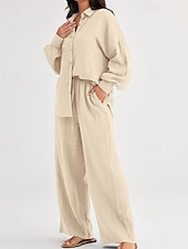 abordables Ensembles-Femmes Actif Mode Chemises en coton et lin Ensembles en coton et lin Chemisier manche longue Col de chemise Couleur Unie Dubbele Rij Knopen Fête Décontracté Quotidien Noir Ivoire Vin Été Coupe
