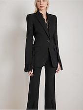 abordables Costumes-pantalons pour maman-Combinaison ivoire  ensemble de pantalon pour mère de la mariée ensemble blazer élégant vintage simple décolleté V col longueur cheville en crêpe à manches longues avec fente et bord scallopé en