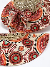 cheap Women&#039;s Hats-Women&#039;s Wide Brim Straw Sun Hat with Colorful Ethnic Print Bow – Boho Style Foldable Beach Hat for Summer Travel and Vacation