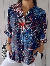 levne Den nezávislosti Top-Košile pro ženy k Dni nezávislosti Patriotic Čtvrtého července Grafika květiny USA Vintage Tropická Každodenní Dlouhý rukáv Límec Pravidelné topy Práce Každodenní Tisk Námořní modrá Světle modrá Léto