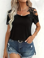 preiswerte Einfarbiges T-Shirt-Damen T Shirt Einfach Mode Modern Lässig Kurzarm V Ausschnitt Normale Oberteile Täglich Wochenende Patchwork Bestickt Schwarz Weiß Braun Grün Sommer Frühling