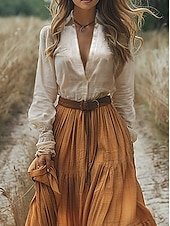 tanie Sukienki boho-Damskie Długa sukienka sukienka maxi Codzienne sukienki Sukienka rozkloszowana Letnie sukienki Sukienka Boho Zabytkowe Urlop Codzienny Święto Regularny Kolorowy blok Długi rękaw W serek Żółty Lato