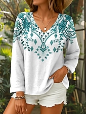 billige Kvinne Boho Topper-Dame Bluse Blomstret Grafisk Geometrisk Stilfull Fritid Langermet V-hals Vanlige topper Daglig Rød Blå Grønn Sommer Vår