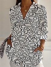 abordables Chemises-Femmes Chemises en coton et lin Géométrique Quotidien Occasionnel Manche 3/4 Col de chemise Hauts Réguliers Quotidien Fête Boutons Imprimé Noir Blanche Marron Vert Été