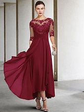 voordelige Vloerlengte-A-Lijn Moeder van de Bruid Jurk Bruidsgast Elegant Plus Size Hoog Laag V-Hals Asymmetrisch Enkel Lengte Chiffon Kant Halve Mouw met Beading Applicaties gratis maatwerk