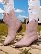 levne Cowboy &amp; Western Boots-Dámské tyrkysové kovbojské boty z umělé kůže, westernové, s vyšívanou špičatou špičkou, do poloviny lýtek, vhodné pro outfity ve venkovském stylu, rodea a venkovní akce.