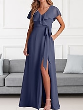 cheap Bridesmaid Dresses-A-Line Bridesmaid Dress V Neck Short Sleeve Elegant Floor Length Chiffon with Sash / Ribbon / Ruffles / Split Front